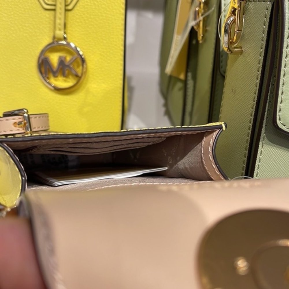 Michael Kors Carmen Small Color-Block Faux Leather Phone Crossbody Bag Sunshn - Picture 9 of 16